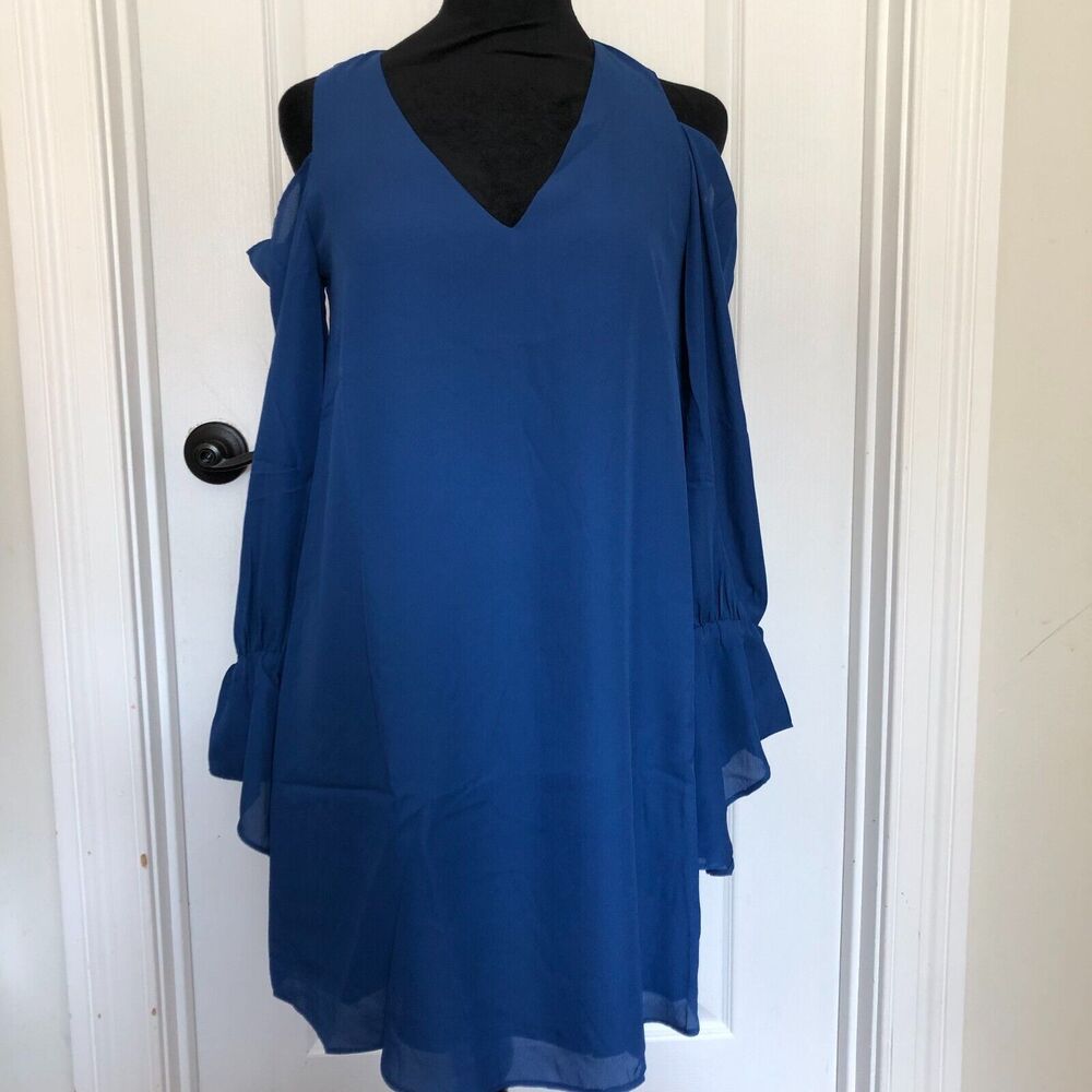 Three Eighty Two Womens Dress XS Blue‎ Tatianna Cold Shoulder Ruffle Mini NWT